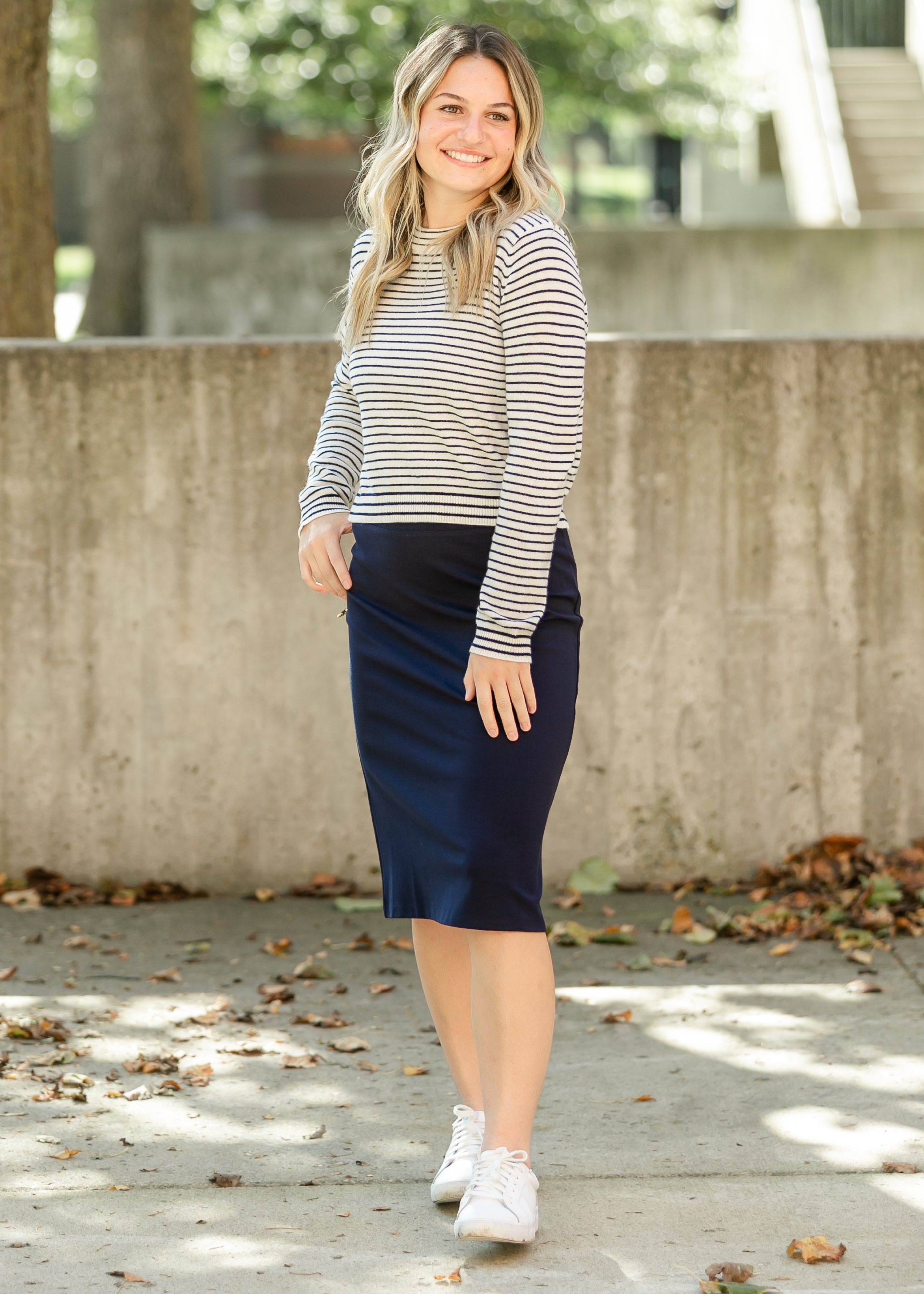 Inherit Co. Quinn Navy Knit Midi Skirt — comparison shot