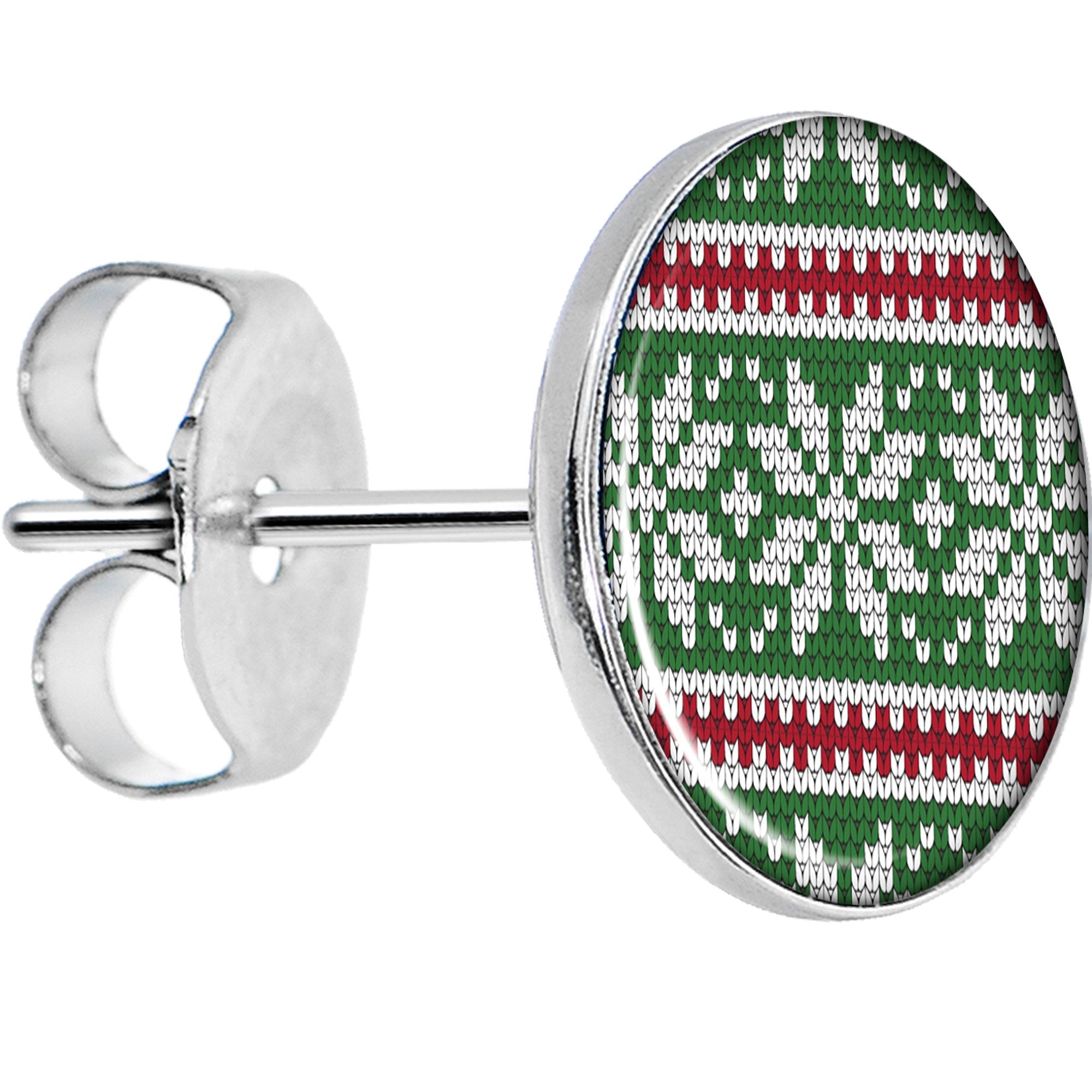 BodyCandy Green Red Christmas Sweater Stud Earrings — detail and construction