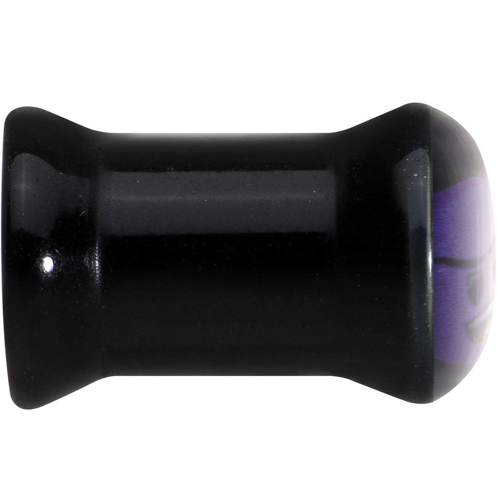 BodyCandy 2G Licensed Purple Devil emoji Acrylic Double Flare Plug Set — BodyCandy branding close-up