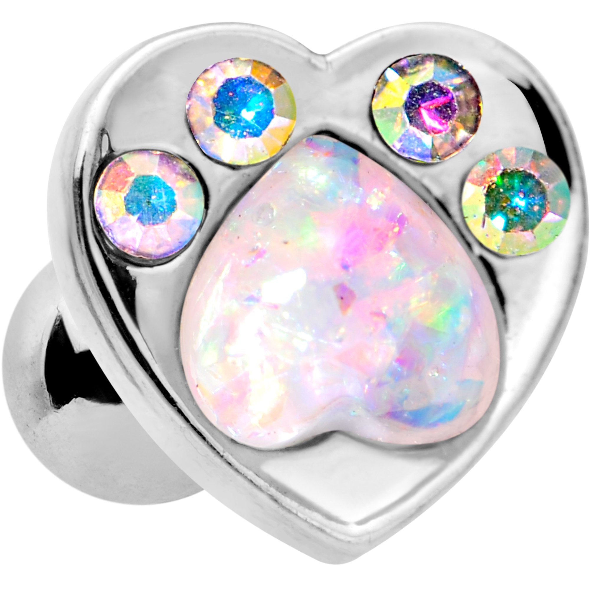 BodyCandy 16G 1/4 Pink Faux Opal Paw Print Heart Cartilage Tragus Earring — detail close-up