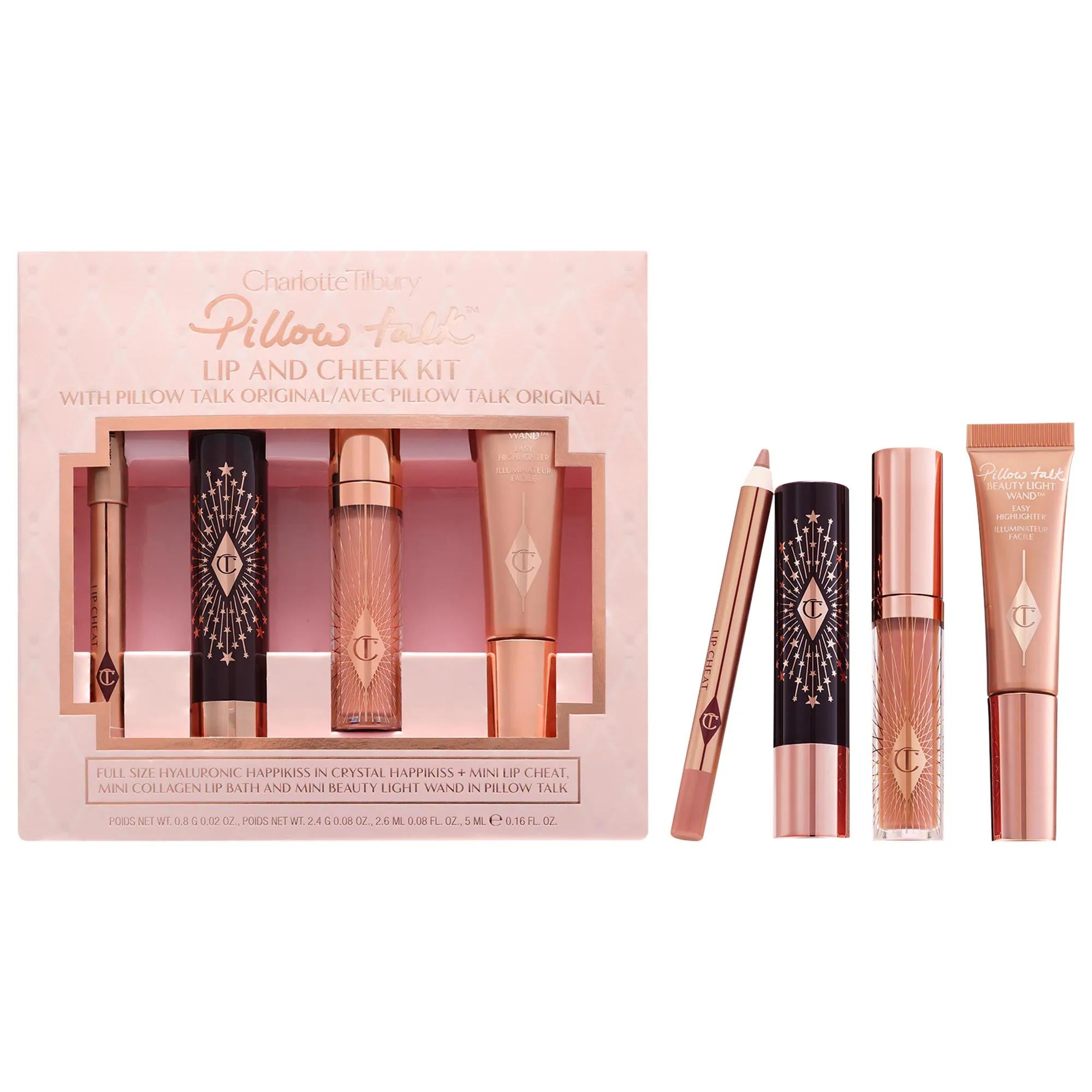 Charlotte Tilbury Pillow Talk: Iconic Lip & Cheek Makeup Set - Hydrating Lipstick Balm, Lip Liner, Plumping Gloss, Natural Beauty Highlighter Wand - Paraben & Cruelty-Free