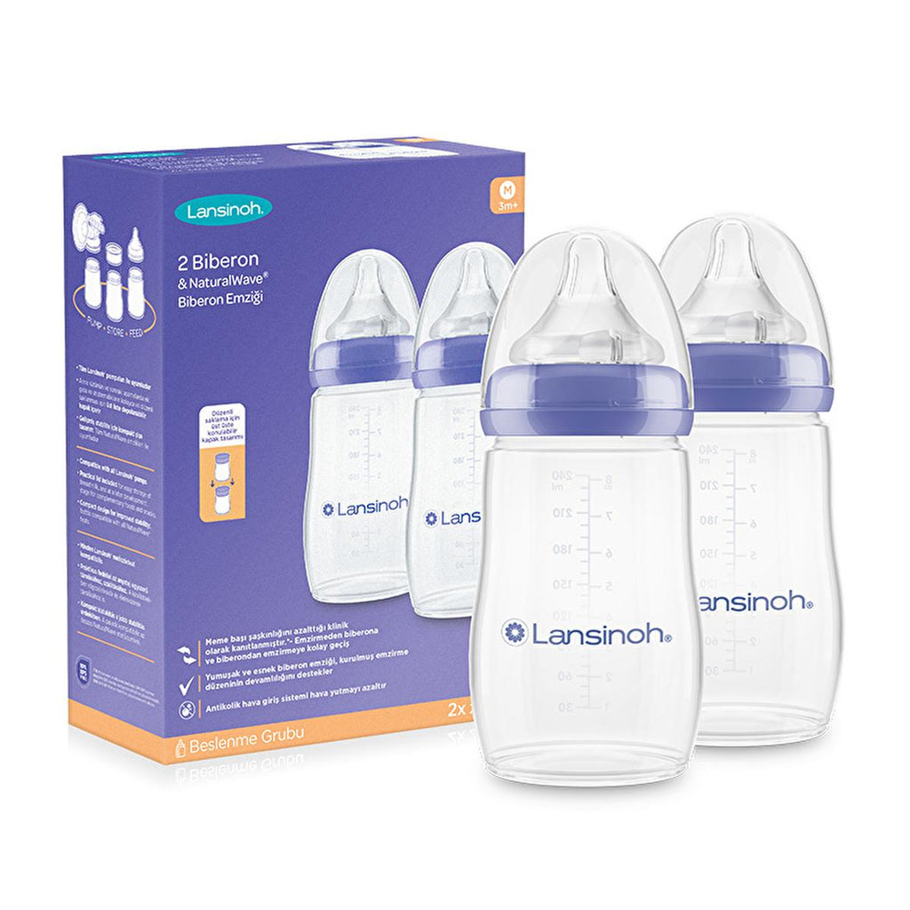Lansinoh NaturalWave Baby Bottle Set (2 x 240ml): Anti-Colic, BPA-Free, Eases Transition from Breast to Bottle & Prevents Nipple Confusion