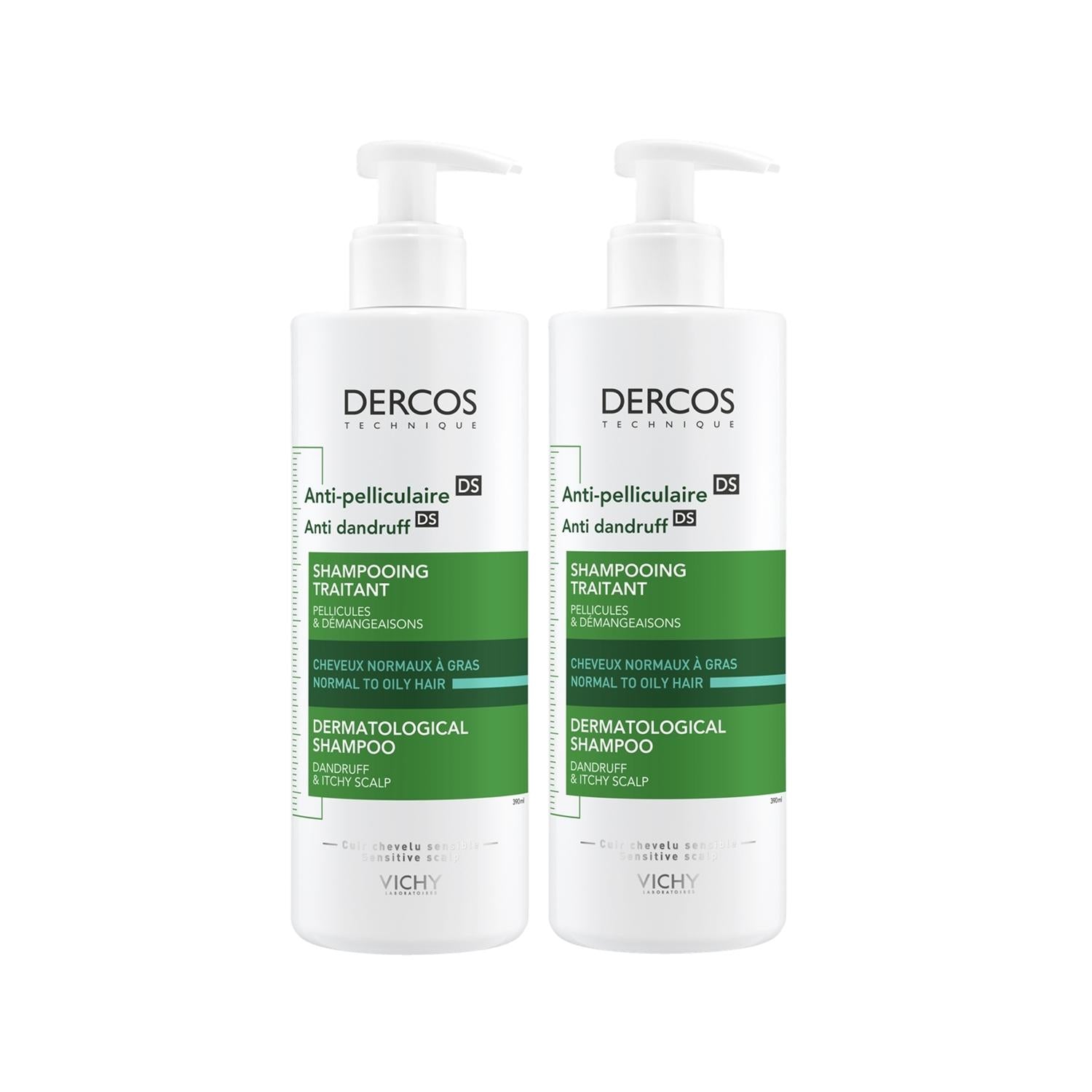 Vichy Dercos Anti-Dandruff Shampoo for Normal to Oily Hair - 2 x 390ml - Dermatologically Tested