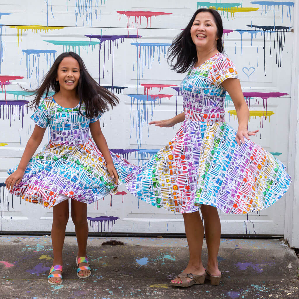 Princess Awesome & Boy Wonder Adult "Smarty Paints" Rainbow Art Supplies Super Twirler Dress with Pockets — lifestyle worn / used context