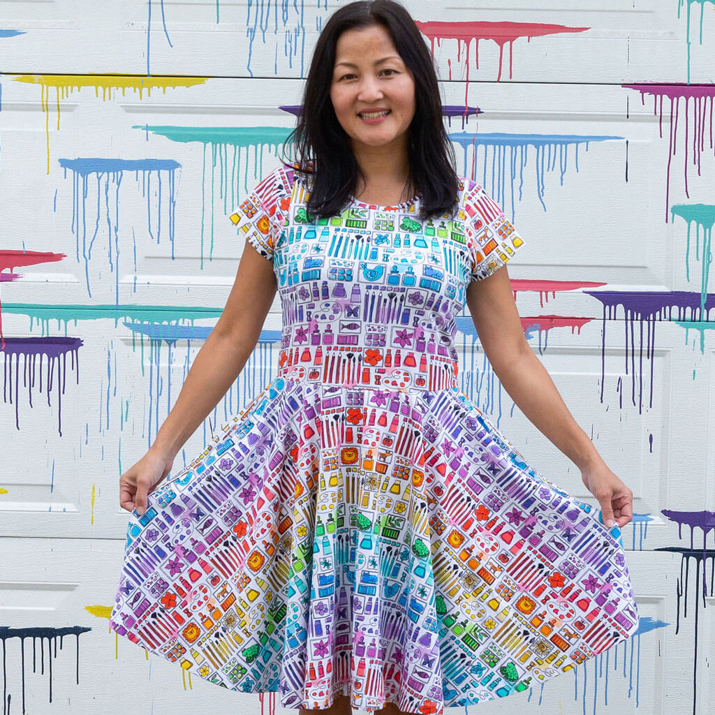 Princess Awesome & Boy Wonder Adult "Smarty Paints" Rainbow Art Supplies Super Twirler Dress with Pockets — adult dresses category context
