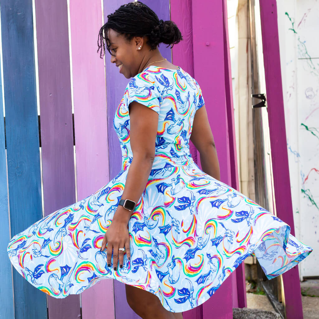 Princess Awesome & Boy Wonder Adult Rainbow Breathing Dragons Super Twirler Dress with Pockets — adult dresses category context