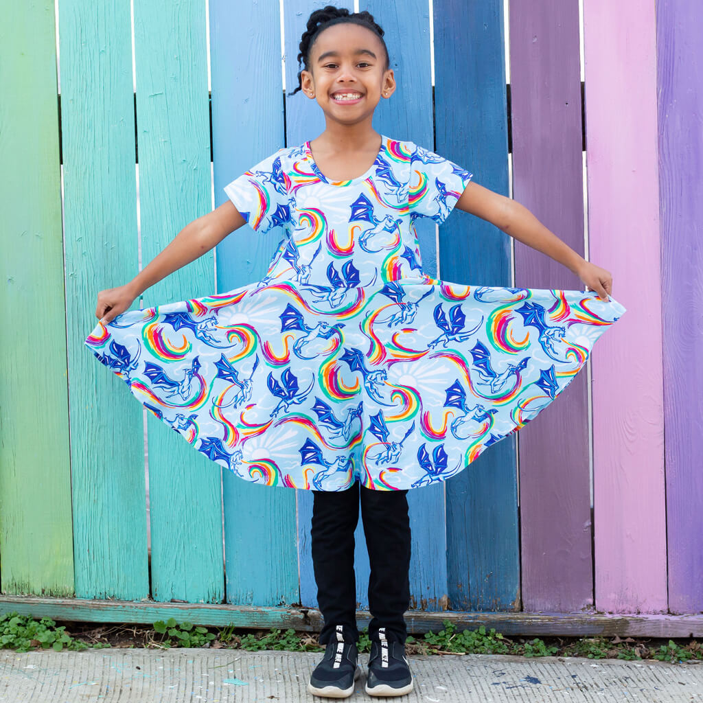 Princess Awesome & Boy Wonder Rainbow Breathing Dragons Super Twirler Dress with Pockets — lifestyle worn / used context