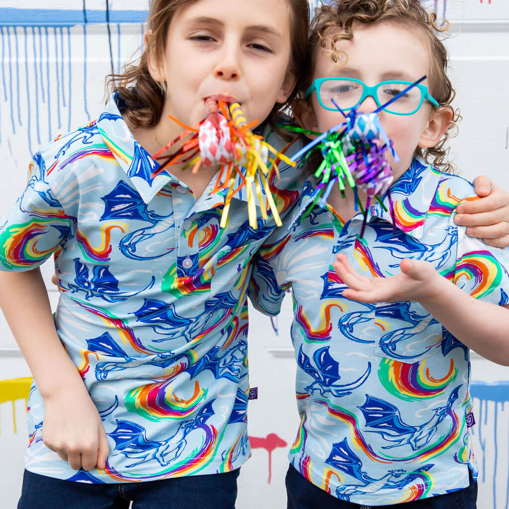 Princess Awesome & Boy Wonder Rainbow Breathing Dragons Short Sleeve Polo Shirt — main product shot