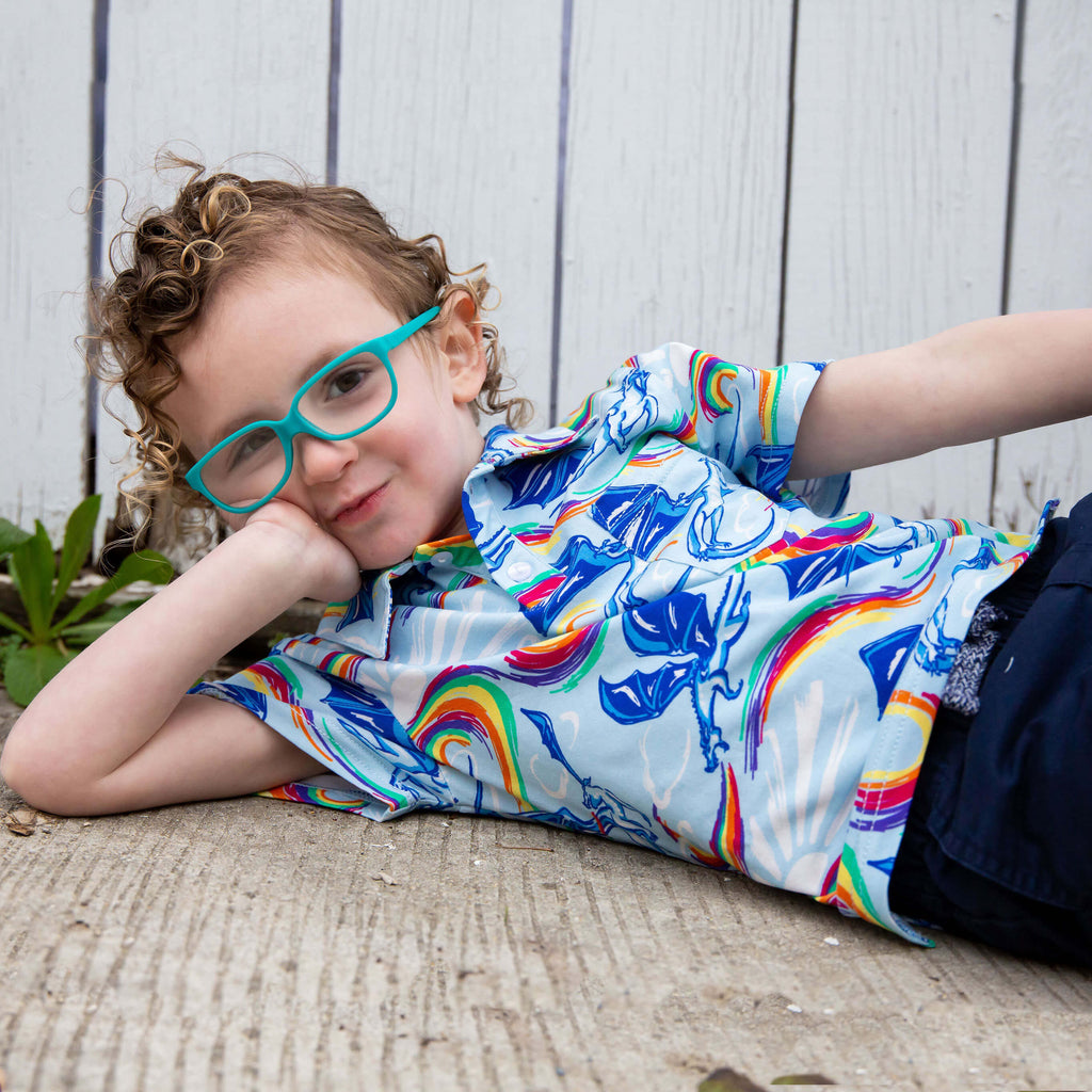 Princess Awesome & Boy Wonder Rainbow Breathing Dragons Short Sleeve Polo Shirt — Short Sleeve detail