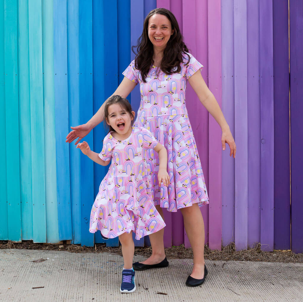 Princess Awesome & Boy Wonder "Rainbow Roadwork" Construction Trucks Super Twirler Dress with Pockets — construction detail