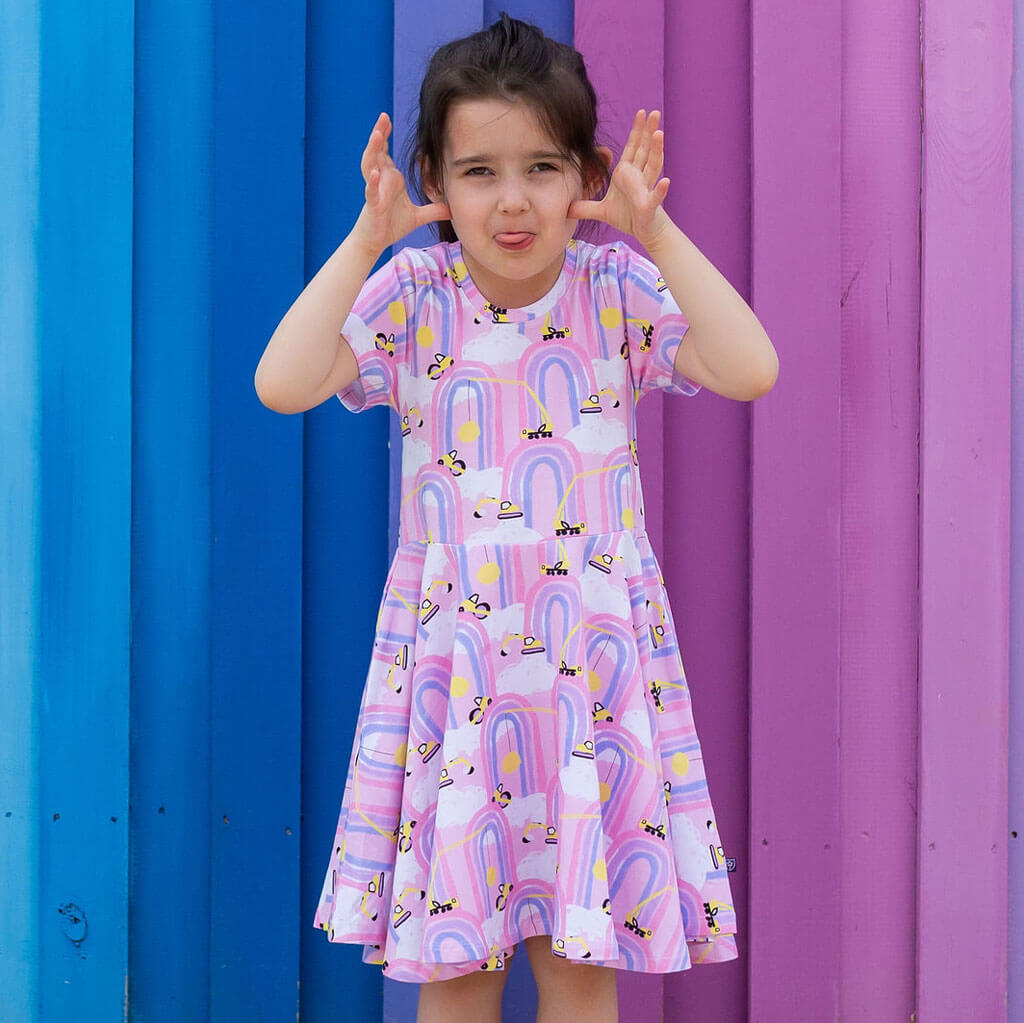 Princess Awesome & Boy Wonder "Rainbow Roadwork" Construction Trucks Super Twirler Dress with Pockets — dresses category context