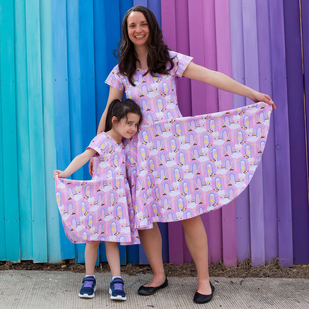 Princess Awesome & Boy Wonder Adult "Rainbow Roadwork" Construction Trucks Super Twirler Dress with Pockets — main product shot