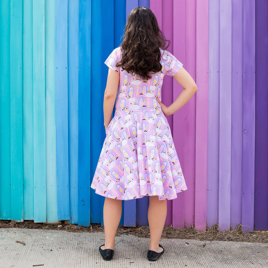 Princess Awesome & Boy Wonder Adult "Rainbow Roadwork" Construction Trucks Super Twirler Dress with Pockets — lifestyle worn / used context