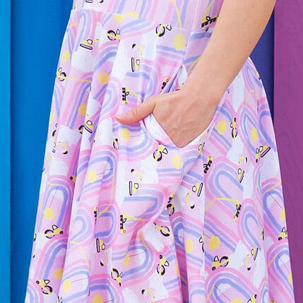 Princess Awesome & Boy Wonder Adult "Rainbow Roadwork" Construction Trucks Super Twirler Dress with Pockets — adult dresses category context