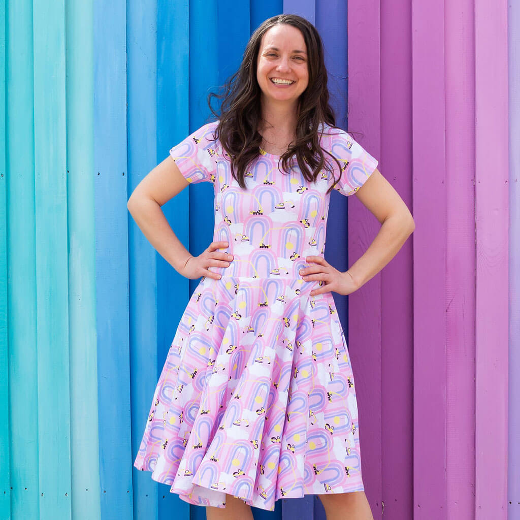 Princess Awesome & Boy Wonder Adult "Rainbow Roadwork" Construction Trucks Super Twirler Dress with Pockets — construction detail