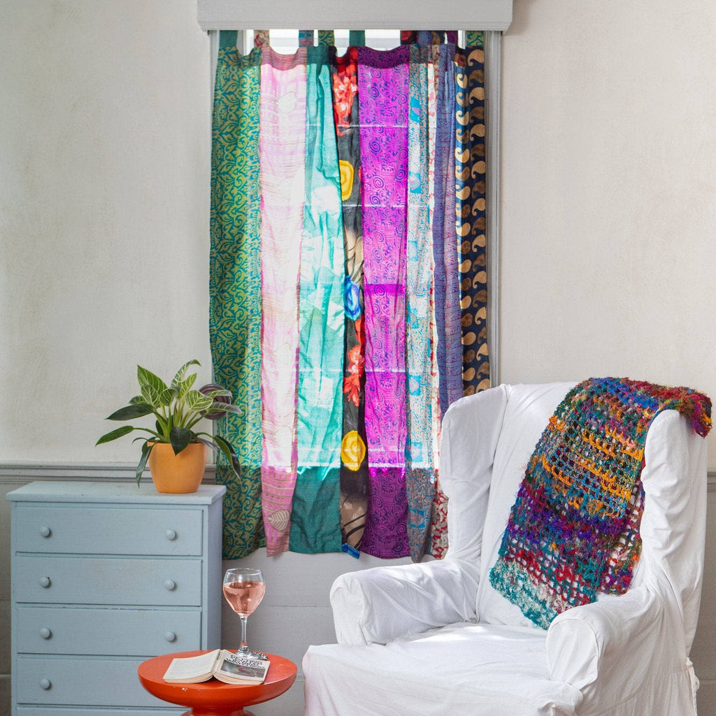 Darn Good Yarn Rainbow Oasis Drapes – Upcycled Boho Curtains — Darn Good Yarn branding close-up