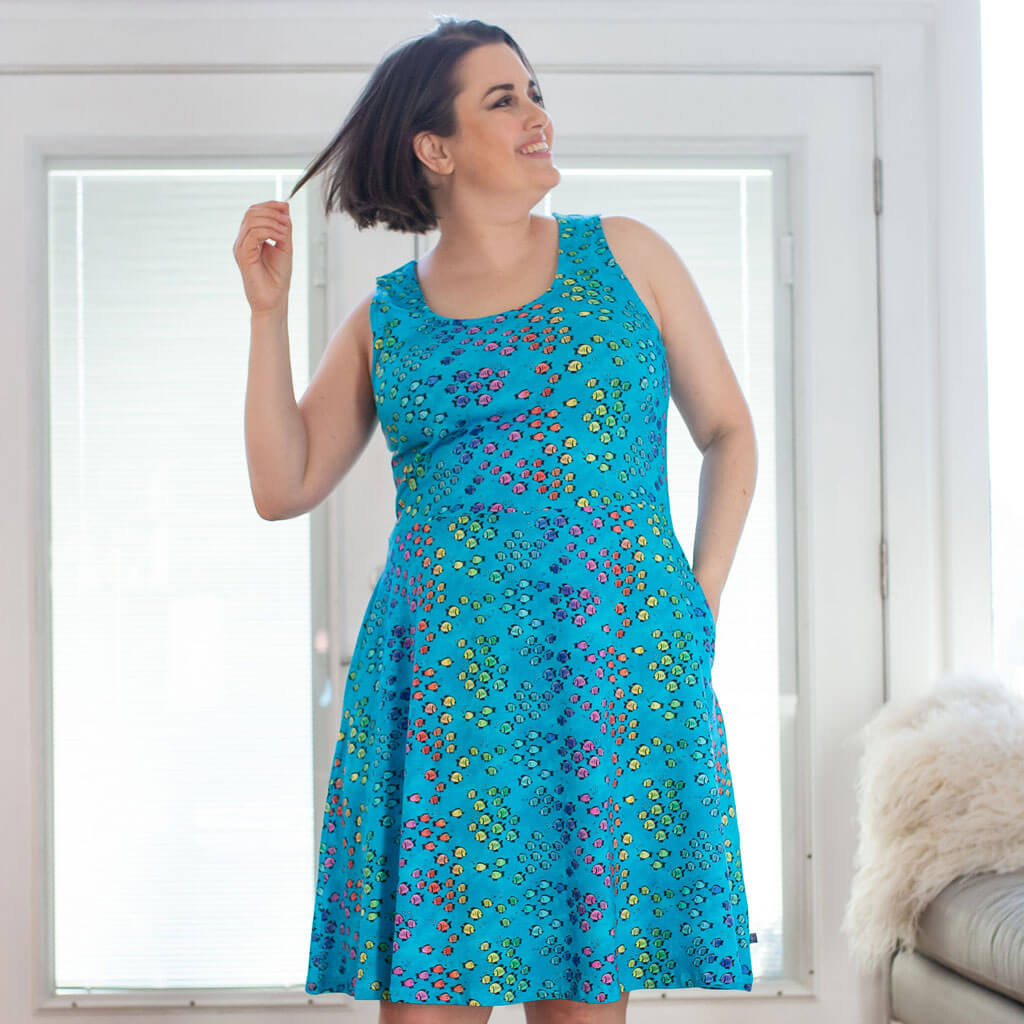 Princess Awesome & Boy Wonder Adult "Summer School" Rainbows of Fish Sleeveless Dress with Pockets — main product shot