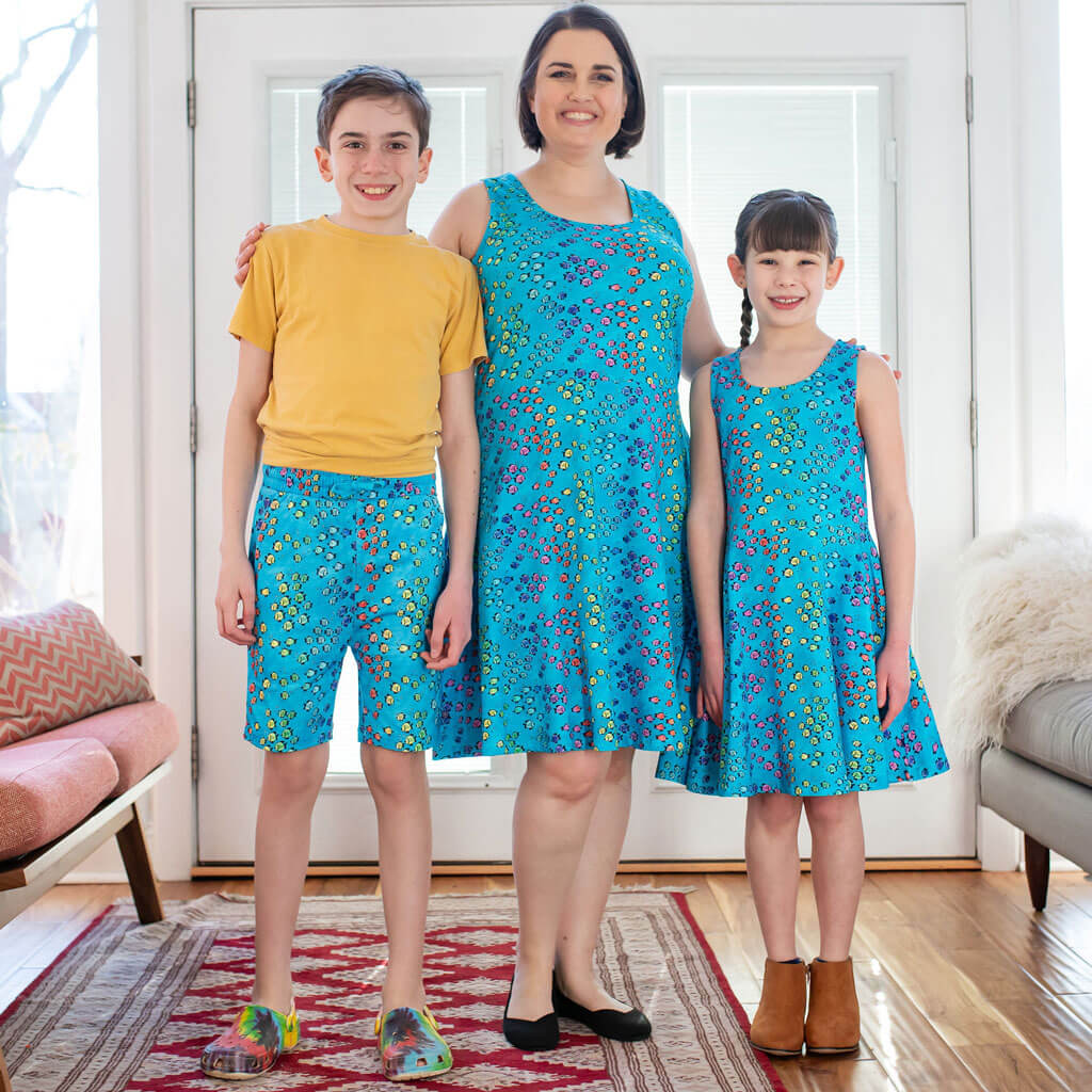 Princess Awesome & Boy Wonder Adult "Summer School" Rainbows of Fish Sleeveless Dress with Pockets — lifestyle worn / used context