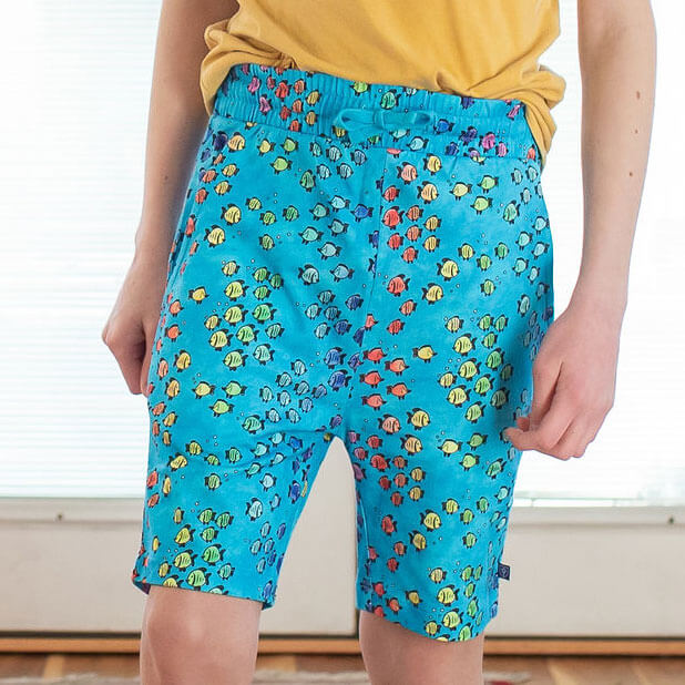 Princess Awesome & Boy Wonder "Summer School" Rainbows of Fish Drawstring Shorts with Pockets — main product shot