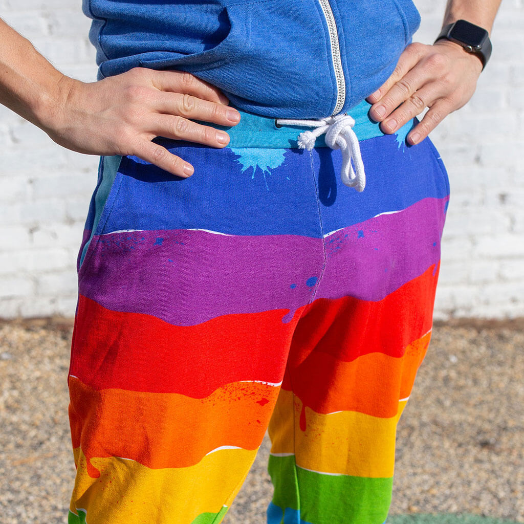 Princess Awesome & Boy Wonder Adult "Paint the Town" Rainbow Fuzzy Fleece Joggers with Pockets — construction detail