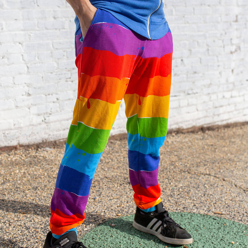 Princess Awesome & Boy Wonder Adult "Paint the Town" Rainbow Fuzzy Fleece Joggers with Pockets — adult pants category context