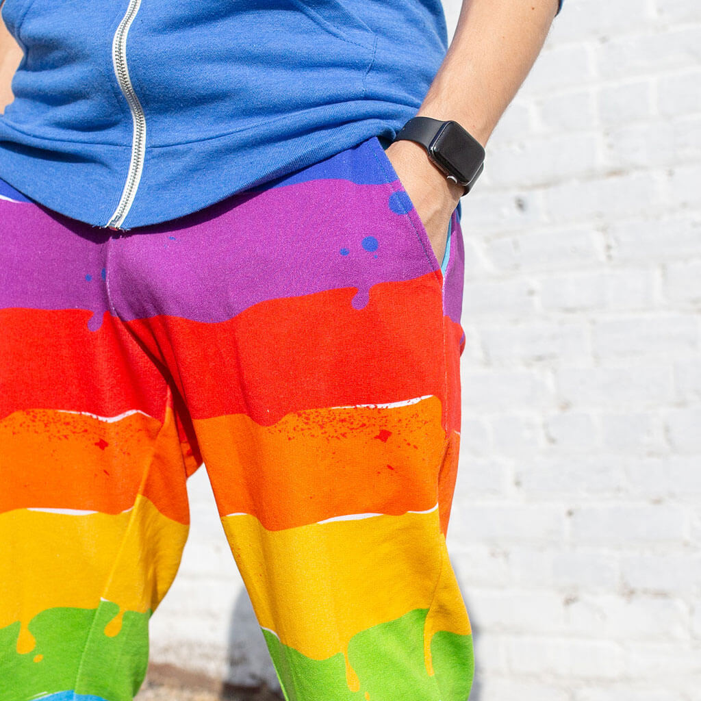 Princess Awesome & Boy Wonder Adult "Paint the Town" Rainbow Fuzzy Fleece Joggers with Pockets — lifestyle worn / used context