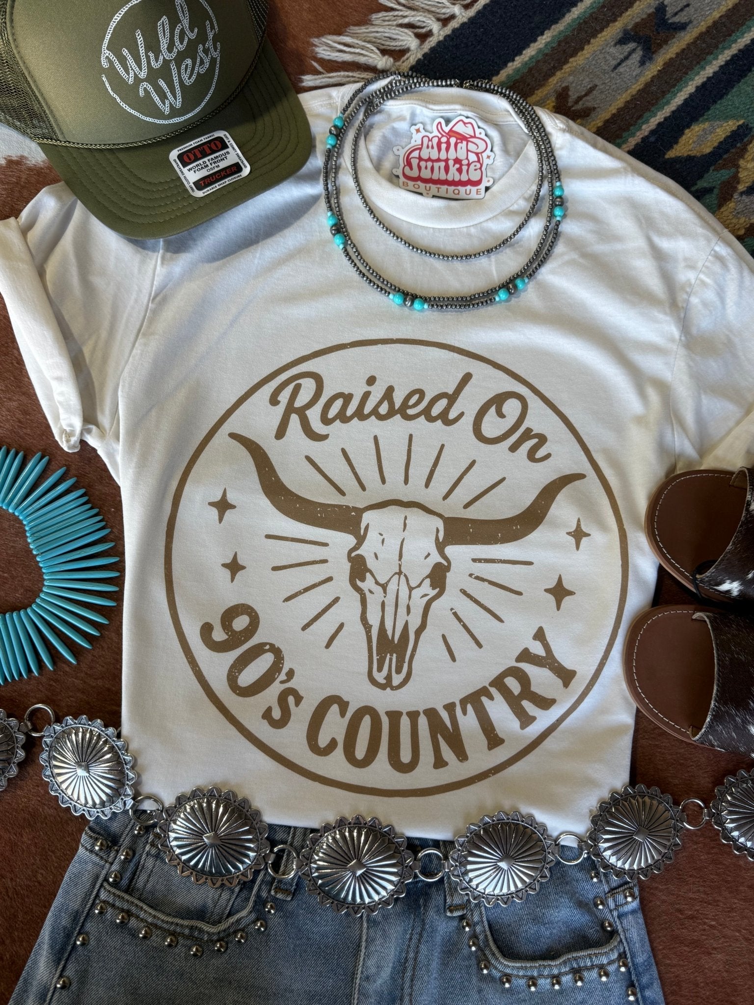 Wild Junkie Raised On 90's Country Steer Skull Graphic Tee — lifestyle worn / used context