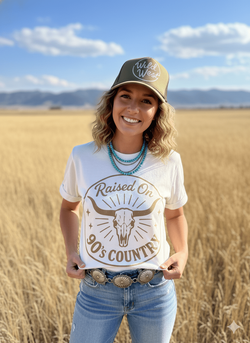 Wild Junkie Raised On 90's Country Steer Skull Graphic Tee — construction detail