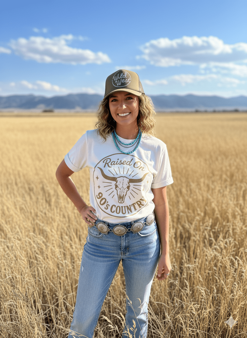 Wild Junkie Raised On 90's Country Steer Skull Graphic Tee — graphic tees category context