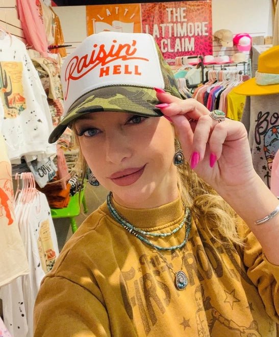 Wild Junkie Raisin' Hell Trucker Hat — detail close-up