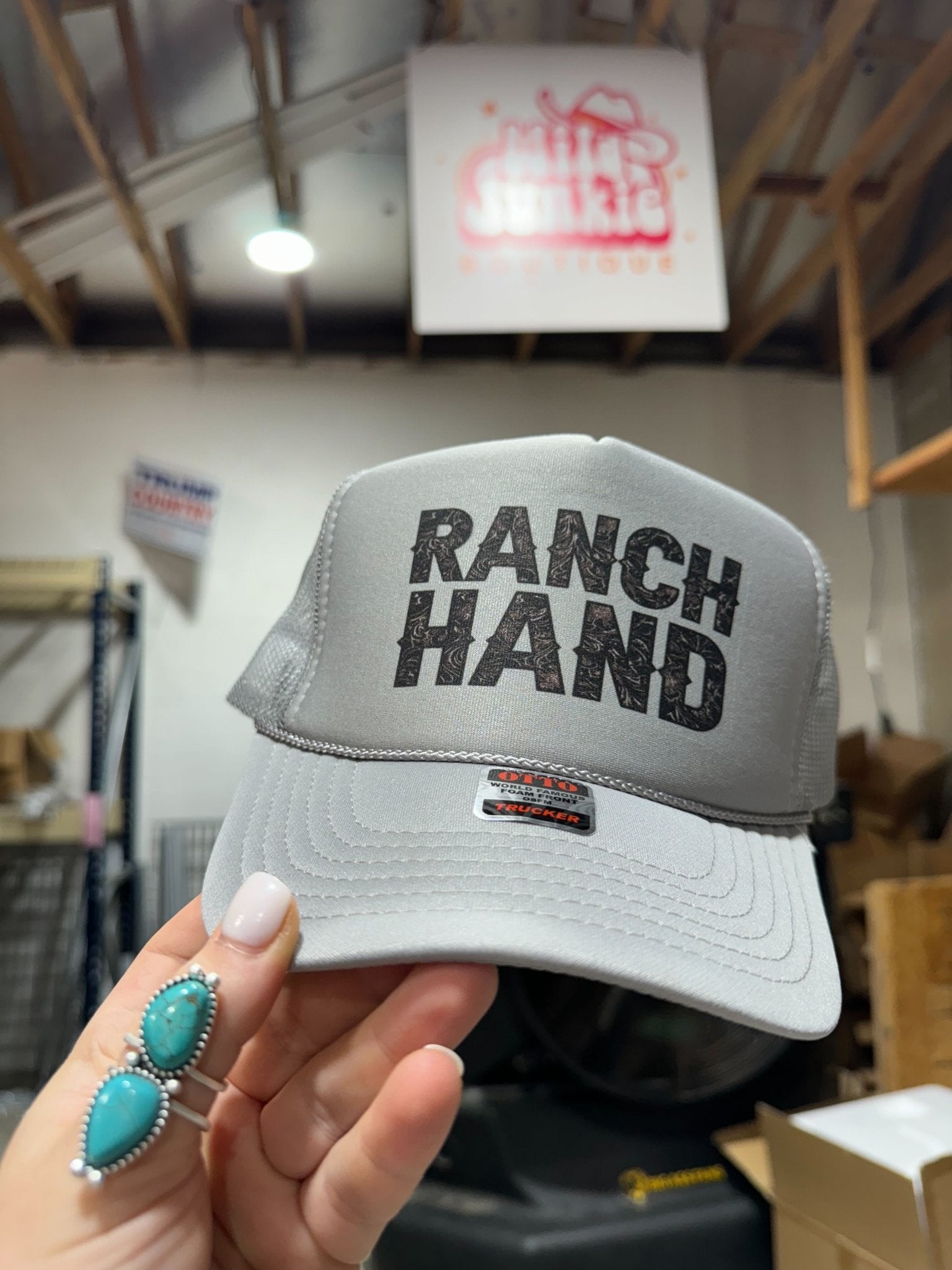 Wild Junkie Ranch Hand Trucker Hat — detail close-up