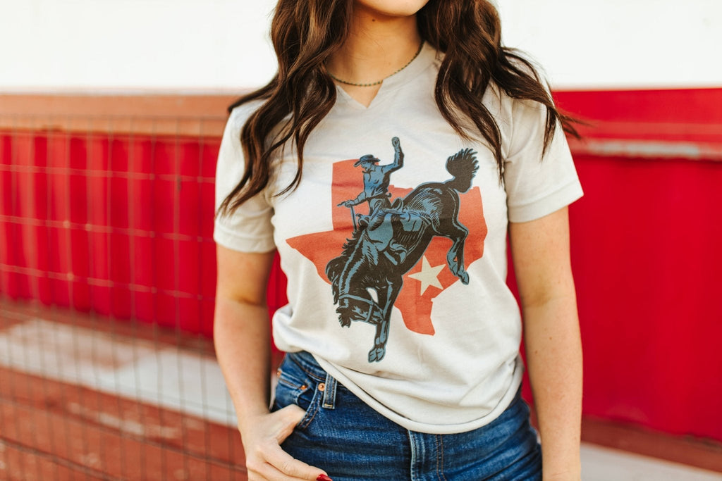 Wild Junkie Raw Cut V-neck Texas Cowboy Graphic Tee — detail close-up