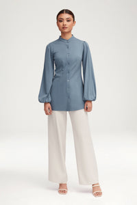 Rayana Jersey Button Down Top - Denim Blue Clothing Veiled 