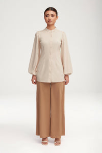 Rayana Jersey Button Down Top - Light Sand Clothing Veiled 