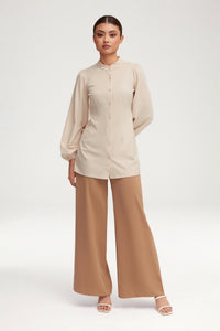 Rayana Jersey Button Down Top - Light Sand Clothing Veiled 
