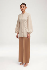 Rayana Jersey Button Down Top - Light Sand Clothing Veiled 