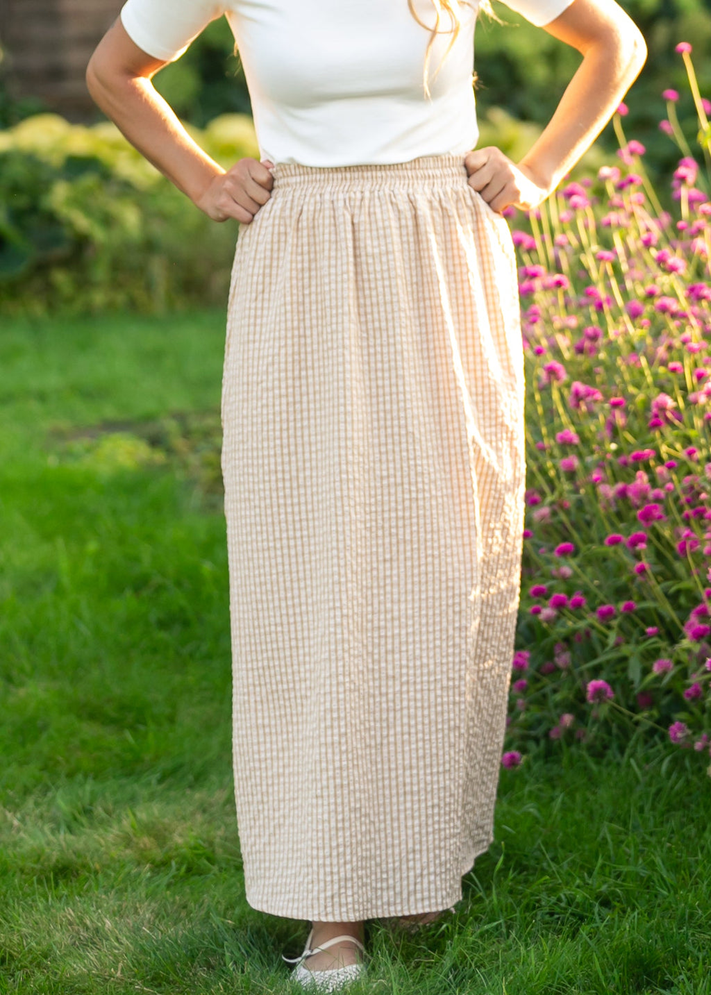 Inherit Co. Rayne Modern Gingham Maxi Skirt — in-use photo