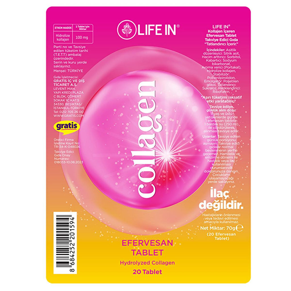 Life In Kolajen Effervescent Tablets Dietary Supplement for Skin and Joint Health - 20 Tablets