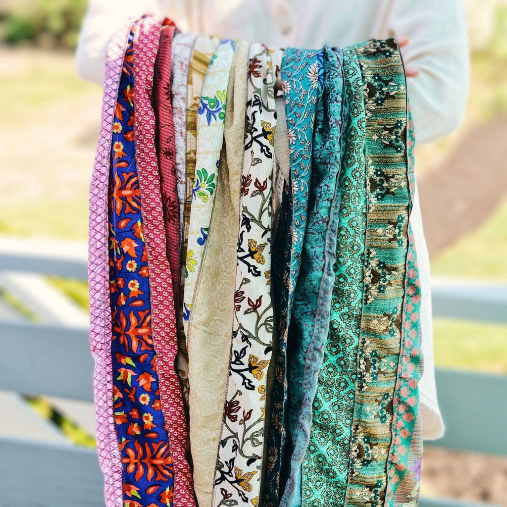 Darn Good Yarn The Original Medley Scarf. ♻️ Made from Sari Magic — lifestyle worn / used context