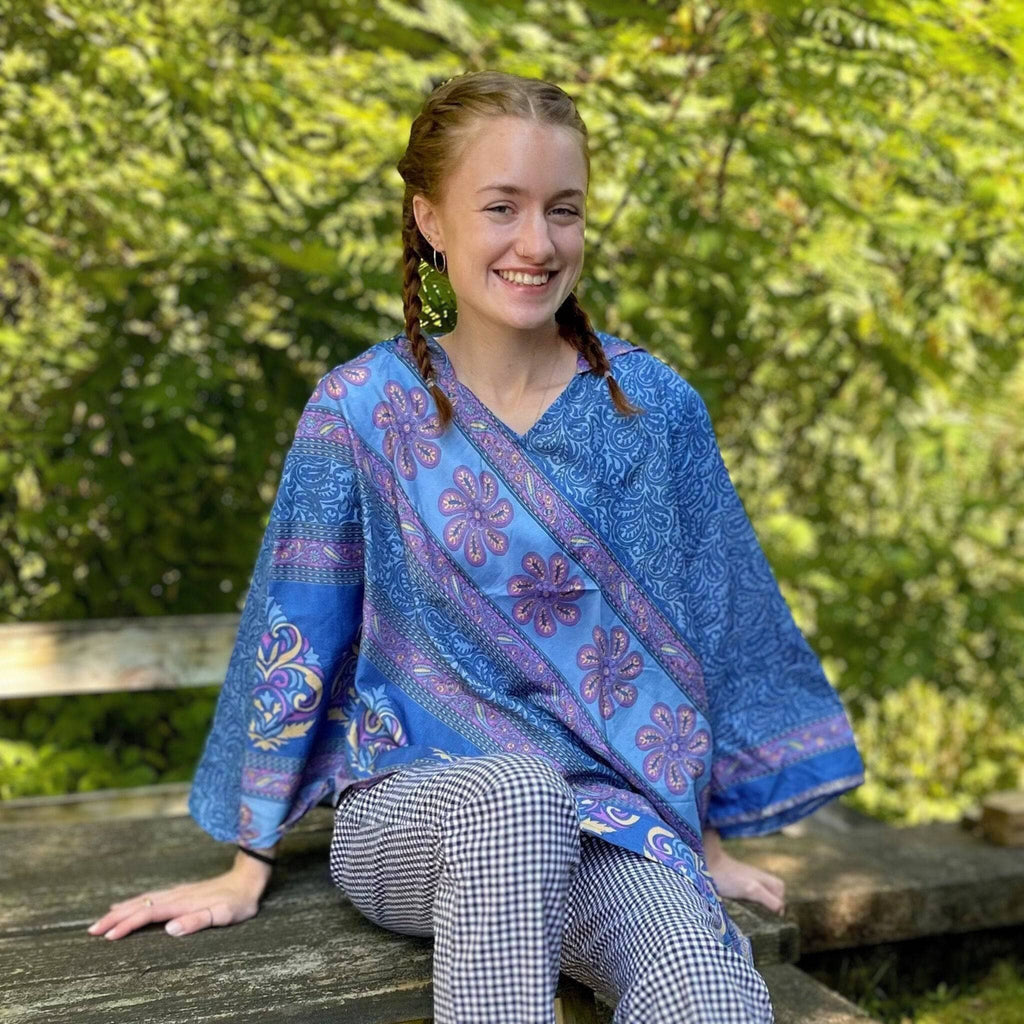 Darn Good Yarn Darn Good Yarn Recycled Sari Hooded Poncho — lifestyle worn / used context