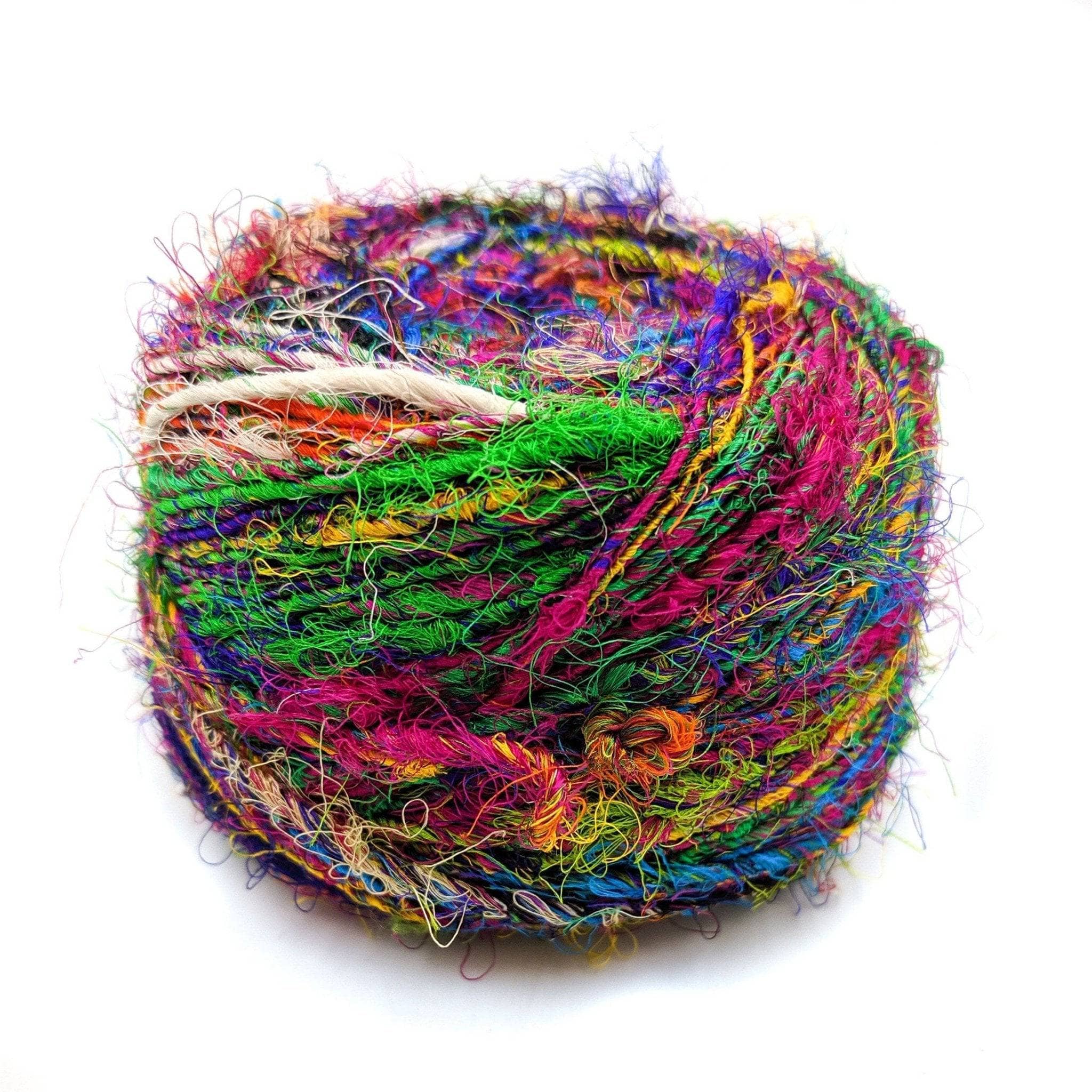 Darn Good Yarn Darn Good Yarn Recycled Silk Yarn Worsted Weight "Wild Peacock" — Darn Good Yarn branding close-up