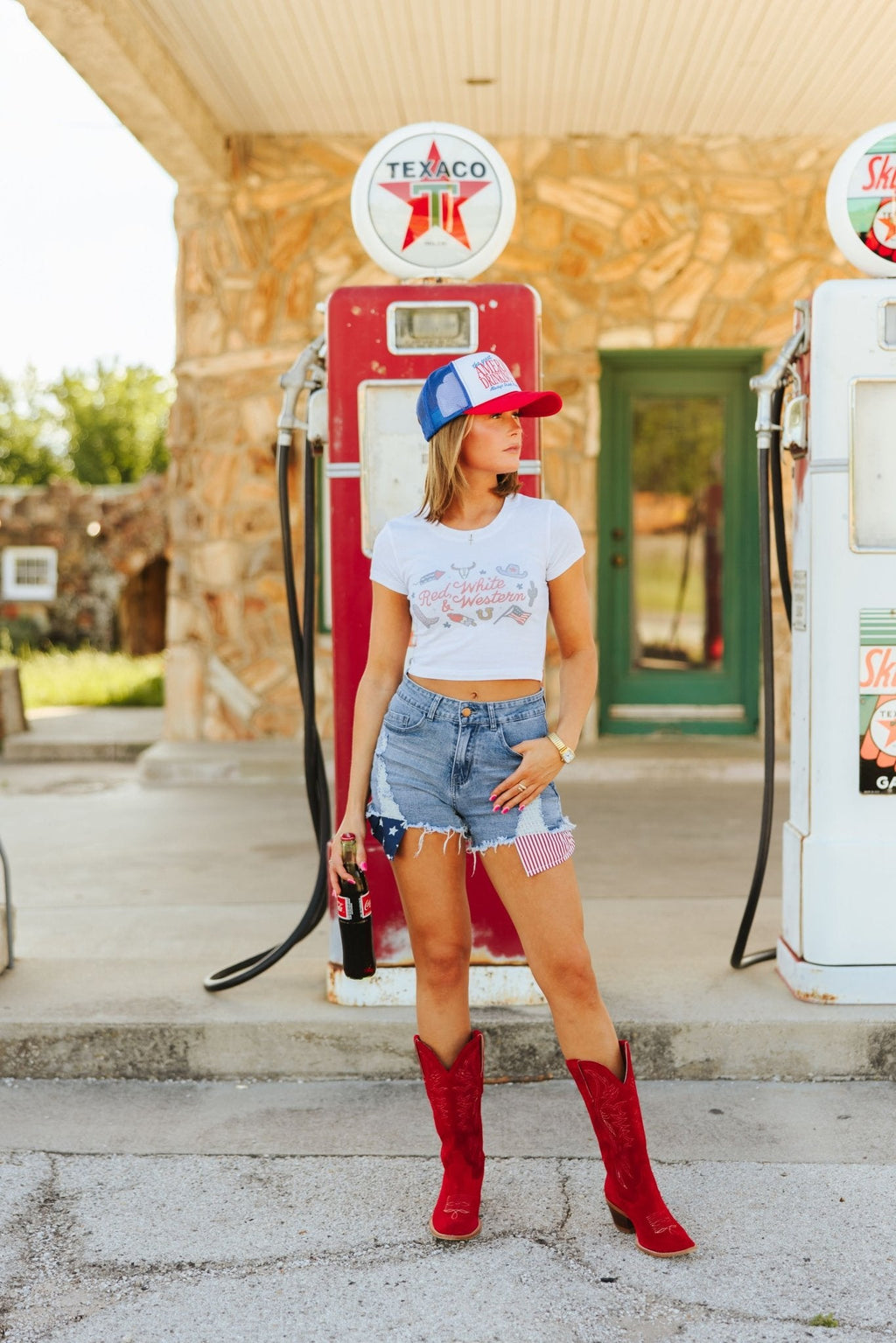 Wild Junkie Red, White & Western Babydoll Graphic Tee — Wild Junkie branding close-up