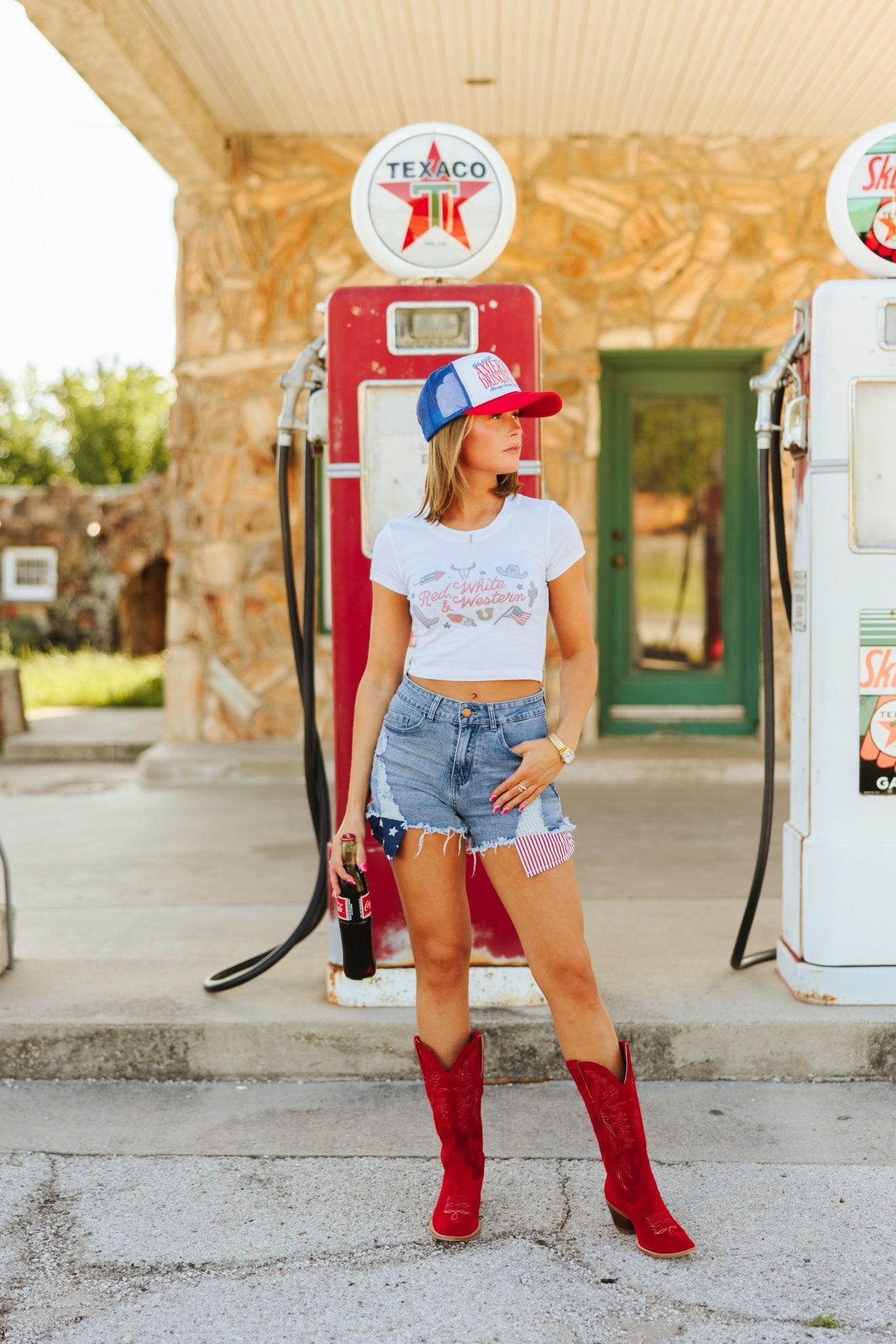 Wild Junkie Red, White & Western Babydoll Graphic Tee — Wild Junkie branding close-up