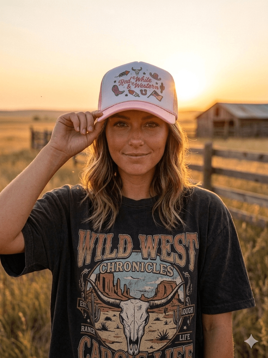 Wild Junkie Red, White & Western Trucker Hat — detail close-up