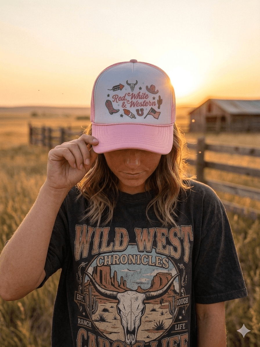 Wild Junkie Red, White & Western Trucker Hat — lifestyle context