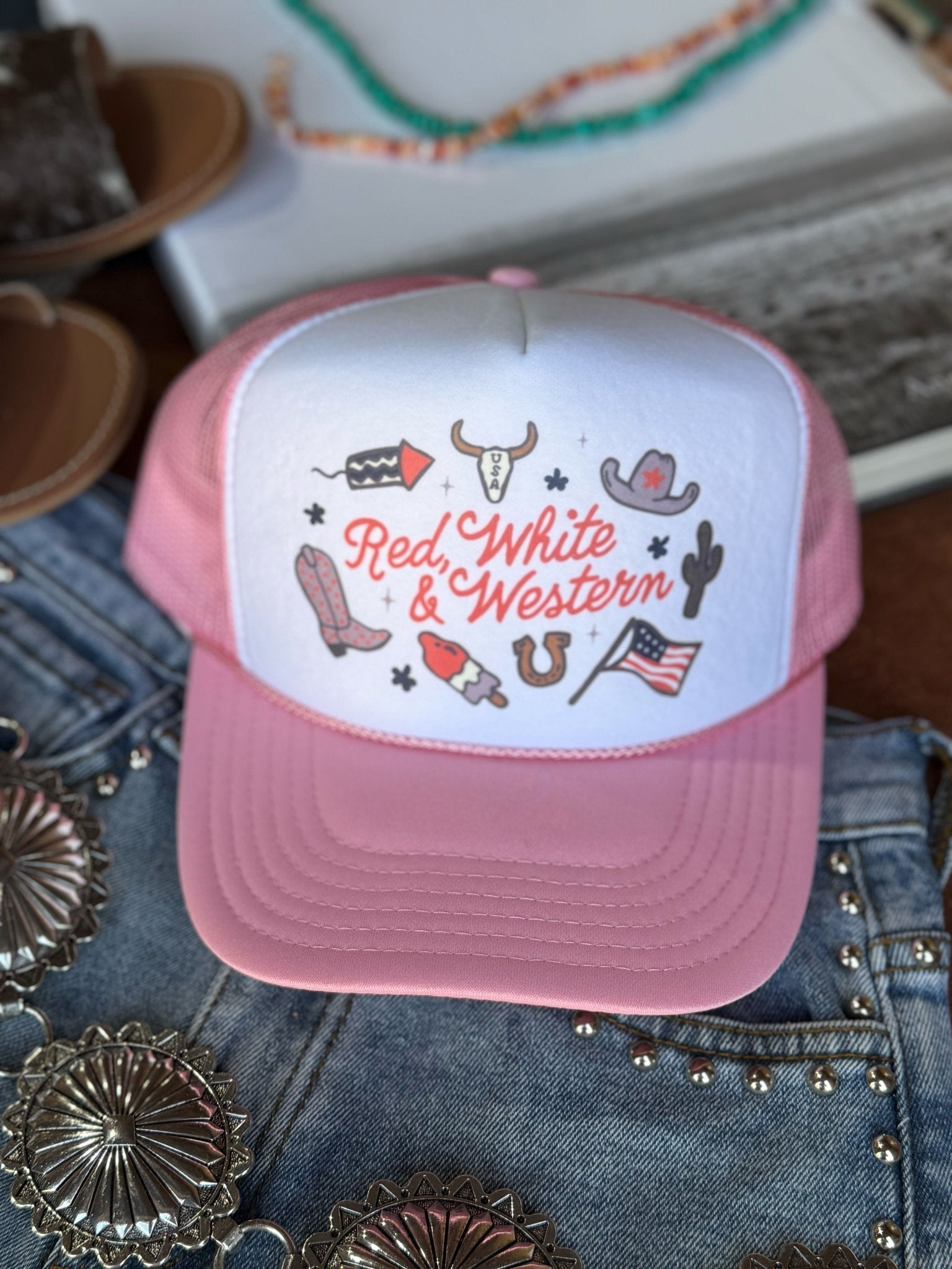 Wild Junkie Red, White & Western Trucker Hat — main product shot