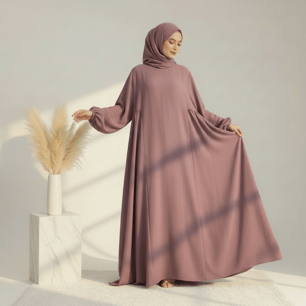 Mariam's Collection Relaxed Fit Lantern Sleeves Crepe Abaya (MA190) — product on model