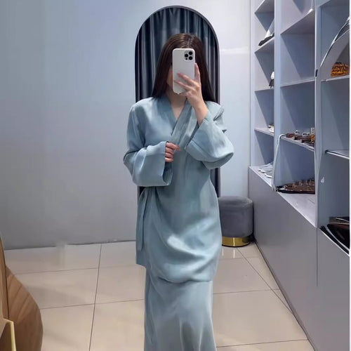 Relaxed Kimono Sleeve Sky Blue Glazed Forged Waist Pajama-Style Abaya Dress Set(MA209)
