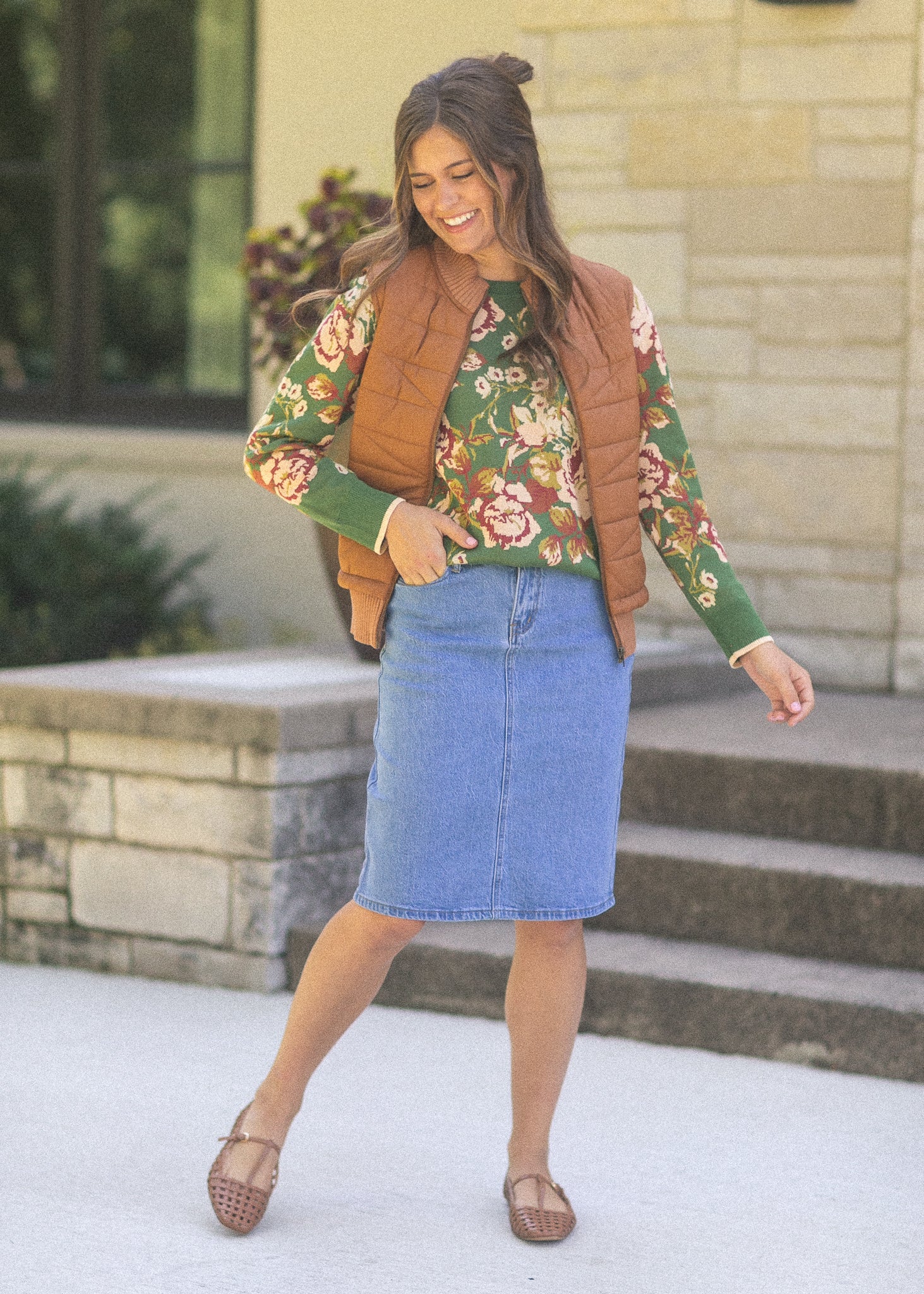 Inherit Co. Remi Denim Classic Wash Midi Skirt — comparison shot
