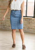 Inherit Co. Remi Denim Classic Wash Midi Skirt — back view